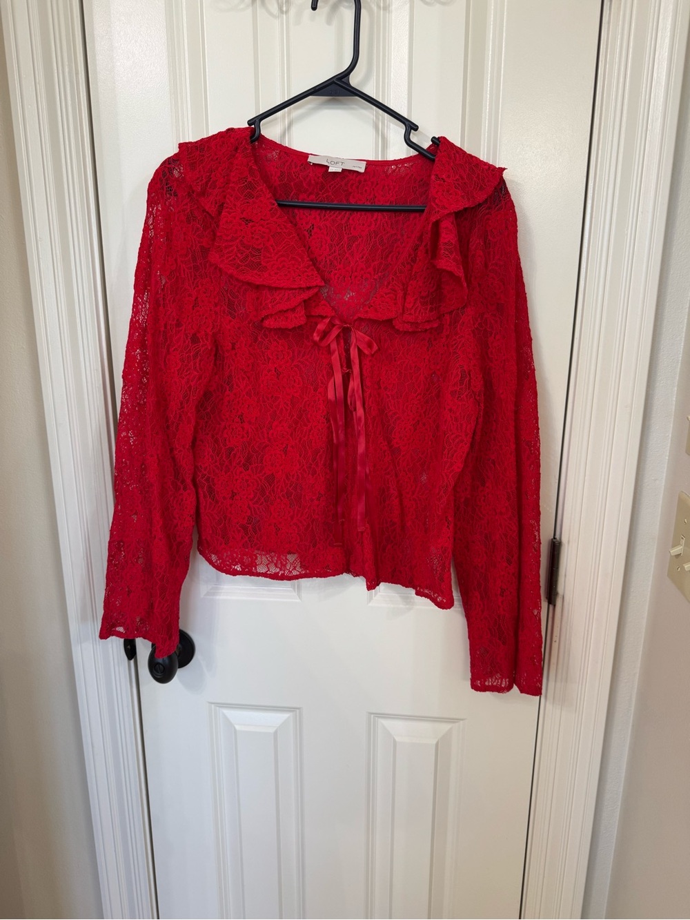 LOFT Red Lace Ruffle Tie-Front Blouse